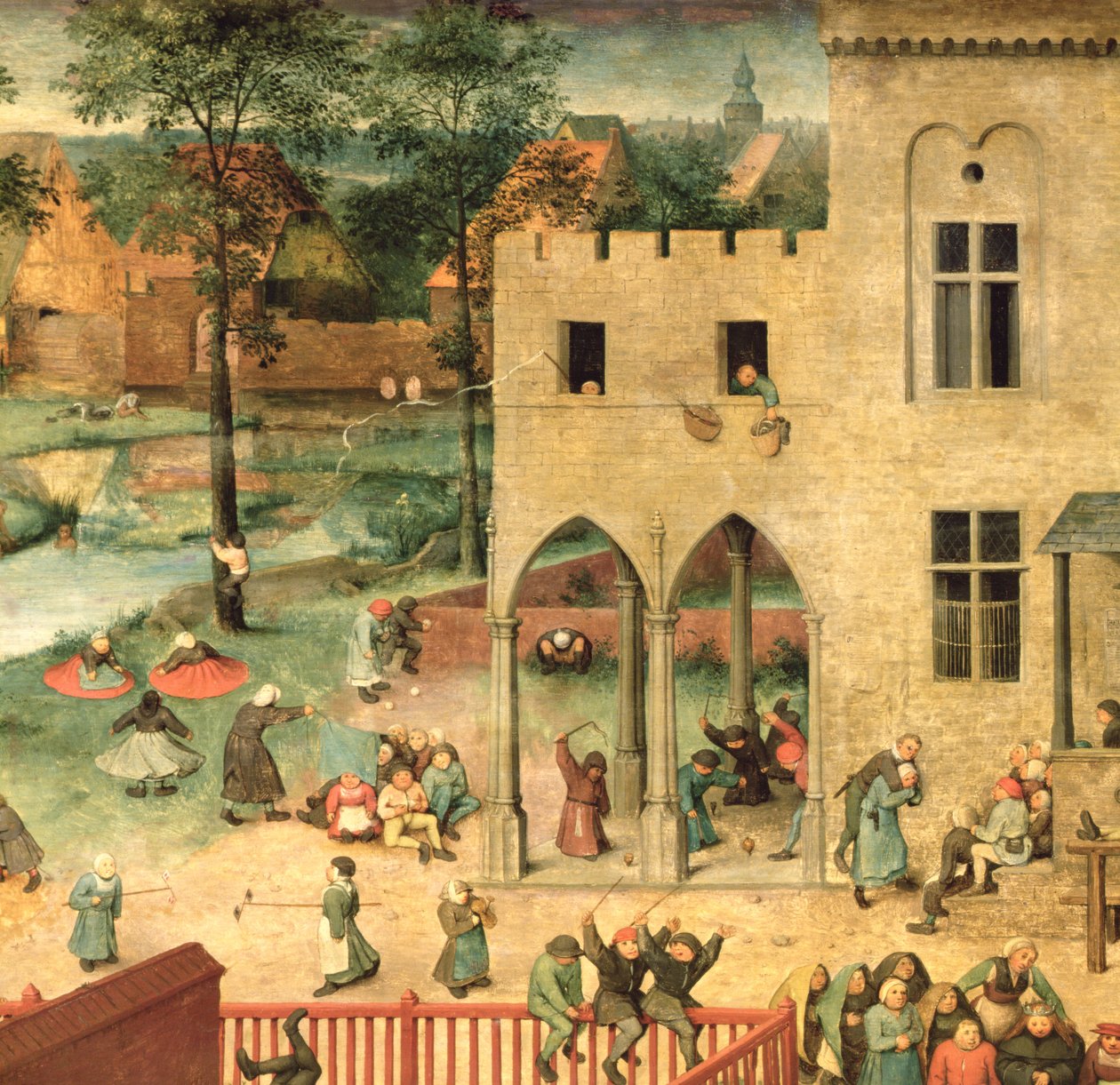 Jogos para crianças (Kinderspiele): detalhe do canto superior esquerdo mostrando crianças girando no alto e jogando boliche, 1560 (detalhe de 68945) de Pieter Bruegel the Elder