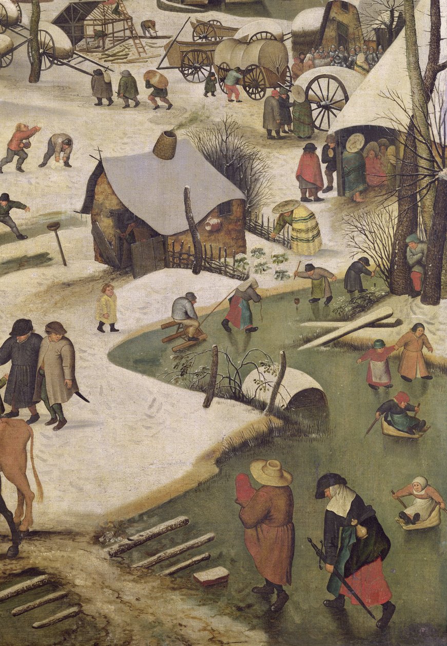 O censo em Belém, detalhe de crianças brincando no rio congelado de Pieter Bruegel the Elder