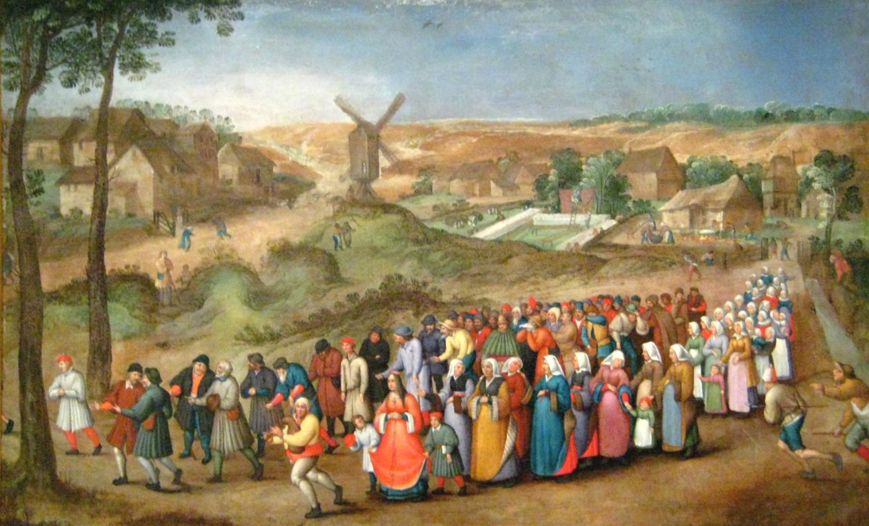 Procissão de casamento na frente de uma paisagem de Pieter Brueghel the Younger
