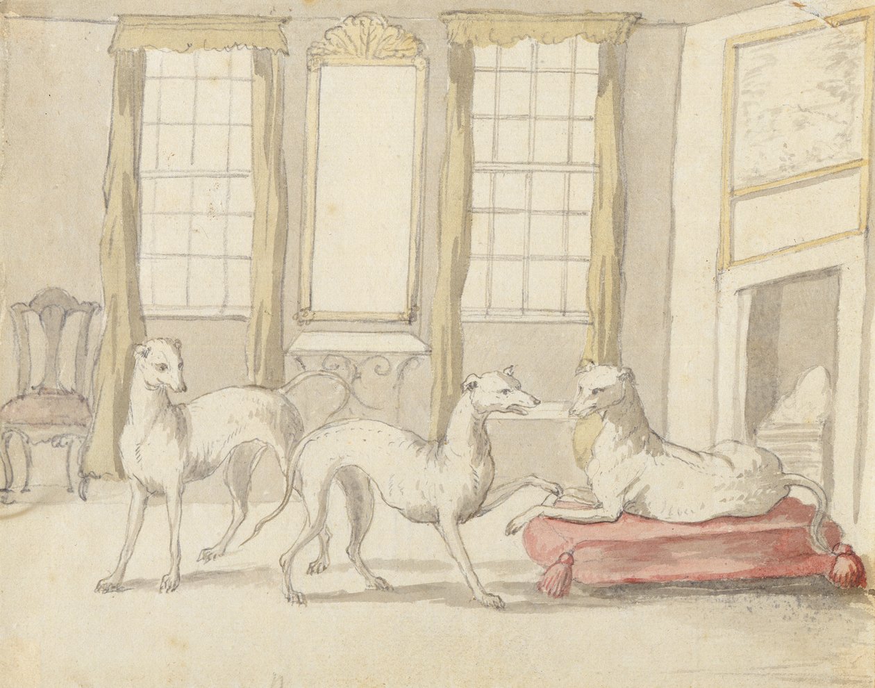 Três galgos em um quarto (grafite e caneta e tinta no papel) de Pieter Casteels