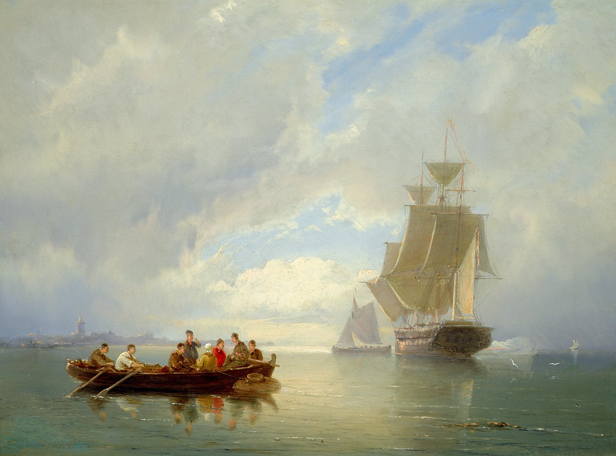 Um navio Becalmed e um barco a remos de Pieter Christiaan Cornelis Dommelshuizen