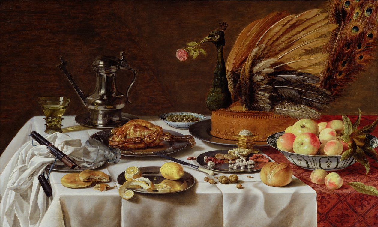 Ainda vida com uma torta de pavão, 1627 de Pieter Claesz