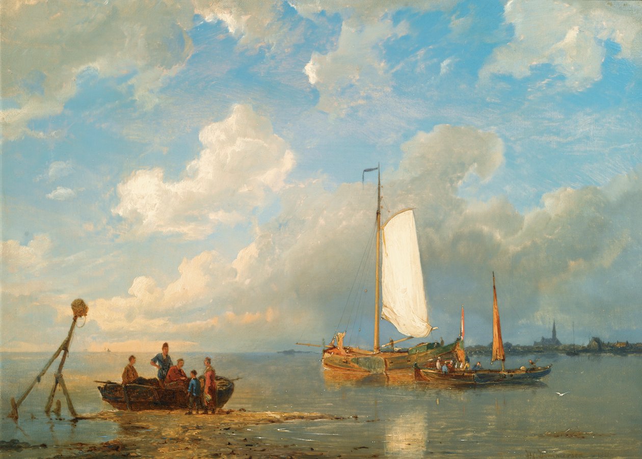 Navios em um estuário na maré baixa de Pieter Cornelis Dommersen