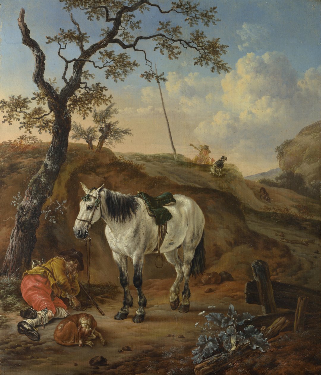 Um cavalo branco de pé por um homem adormecido de Pieter Cornelisz. Verbeeck