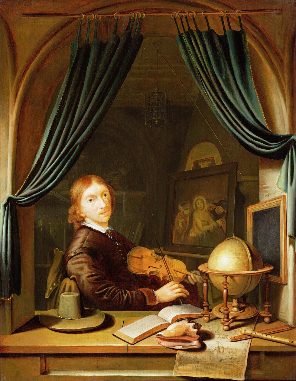 Um músico tocando um violino por um Casement Drapeado de Pieter Cornelisz van Egmont