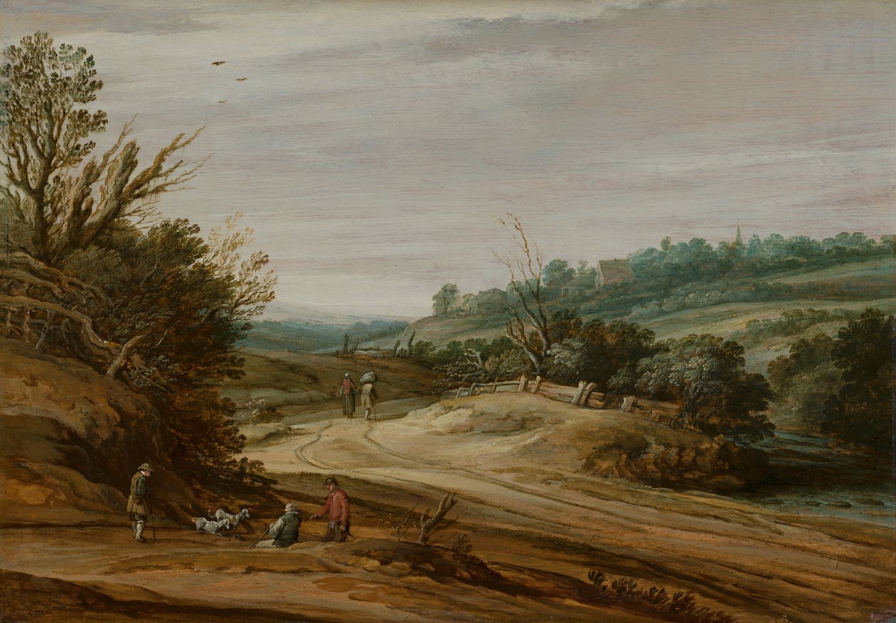 Paisagem de dunas com uma estrada rural de Pieter Dircksz Santvoort