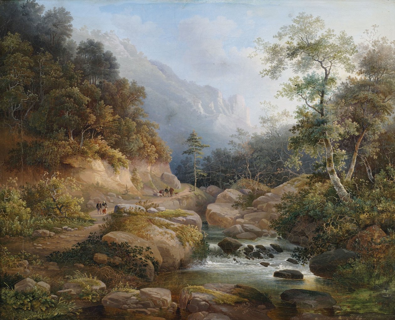 Paisagem do rio de montanha com pessoal de figura de Pieter Francis Peters