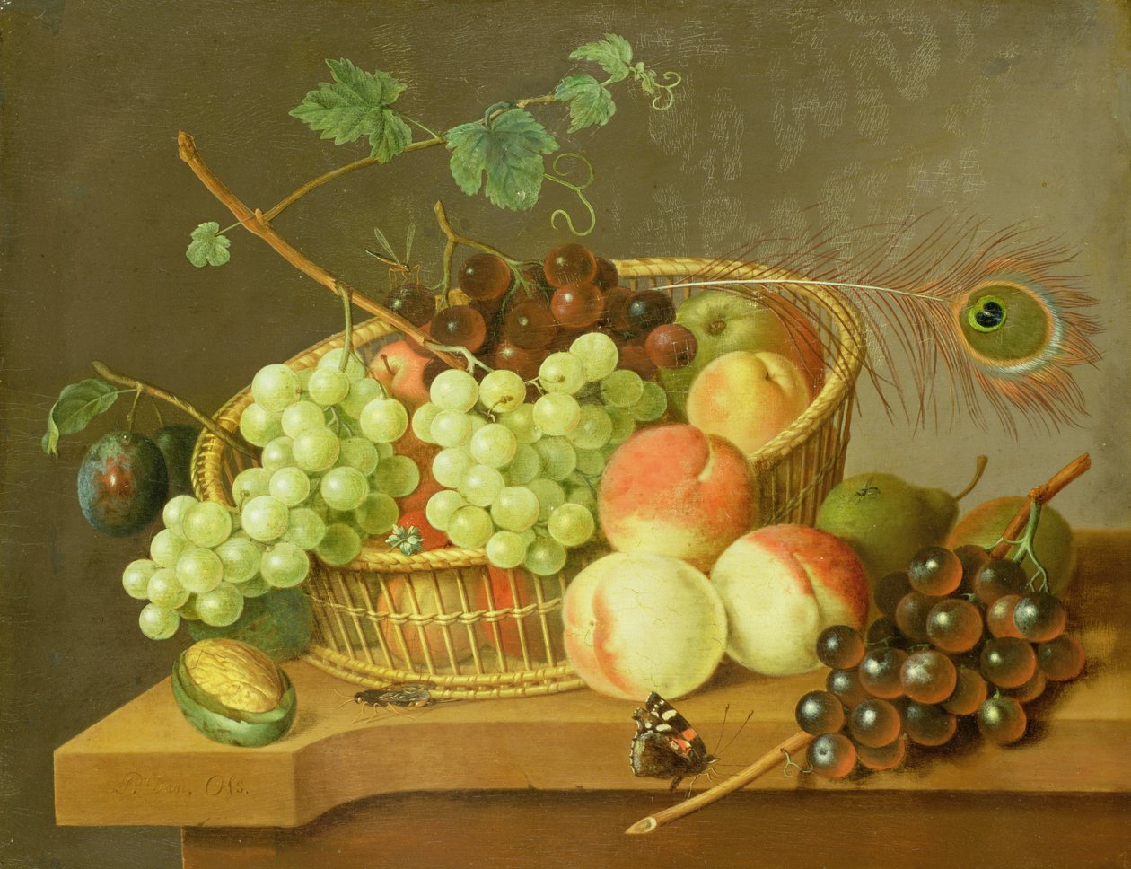 Ainda vida de uvas e pêssegos em uma cesta de Pieter Gerardus van Os