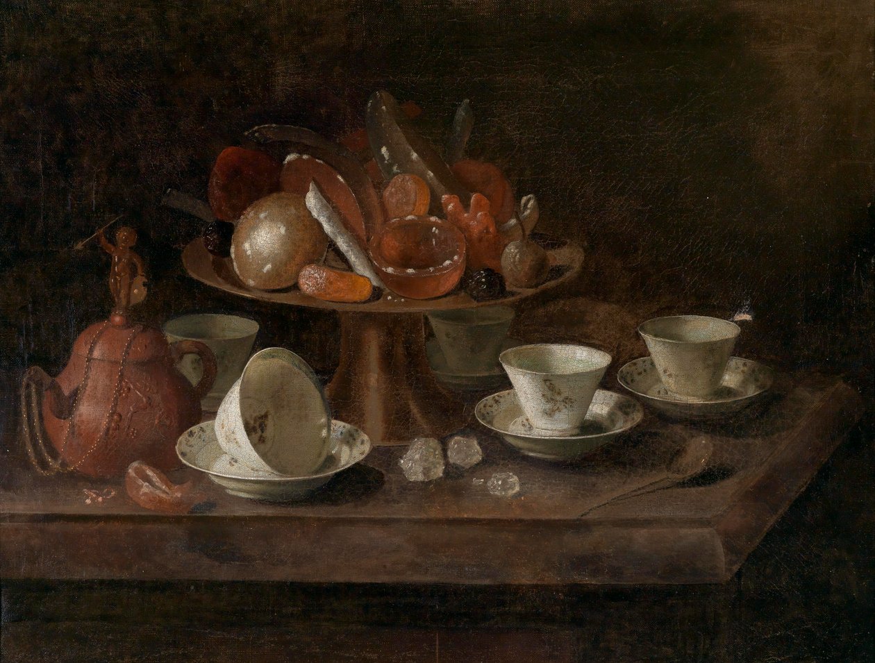Ainda vida com xícaras de chocolate e uma tazza com doces de Pieter Gerritsz. van Roestraten