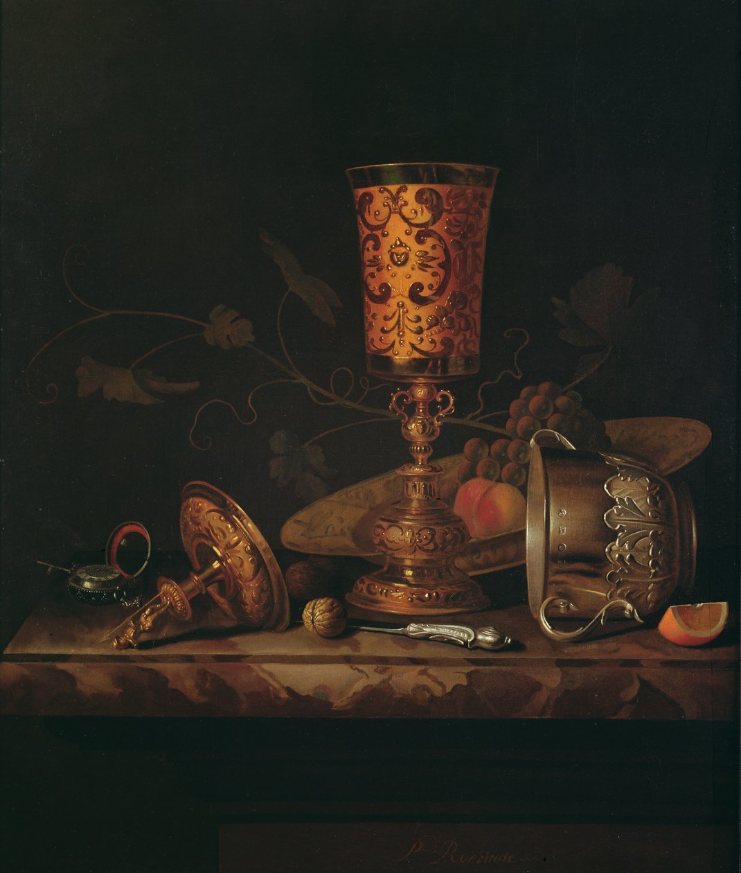 Ainda vida com taças de prata e cálice de pedaço de tempo de Pieter Gerritsz. van Roestraten