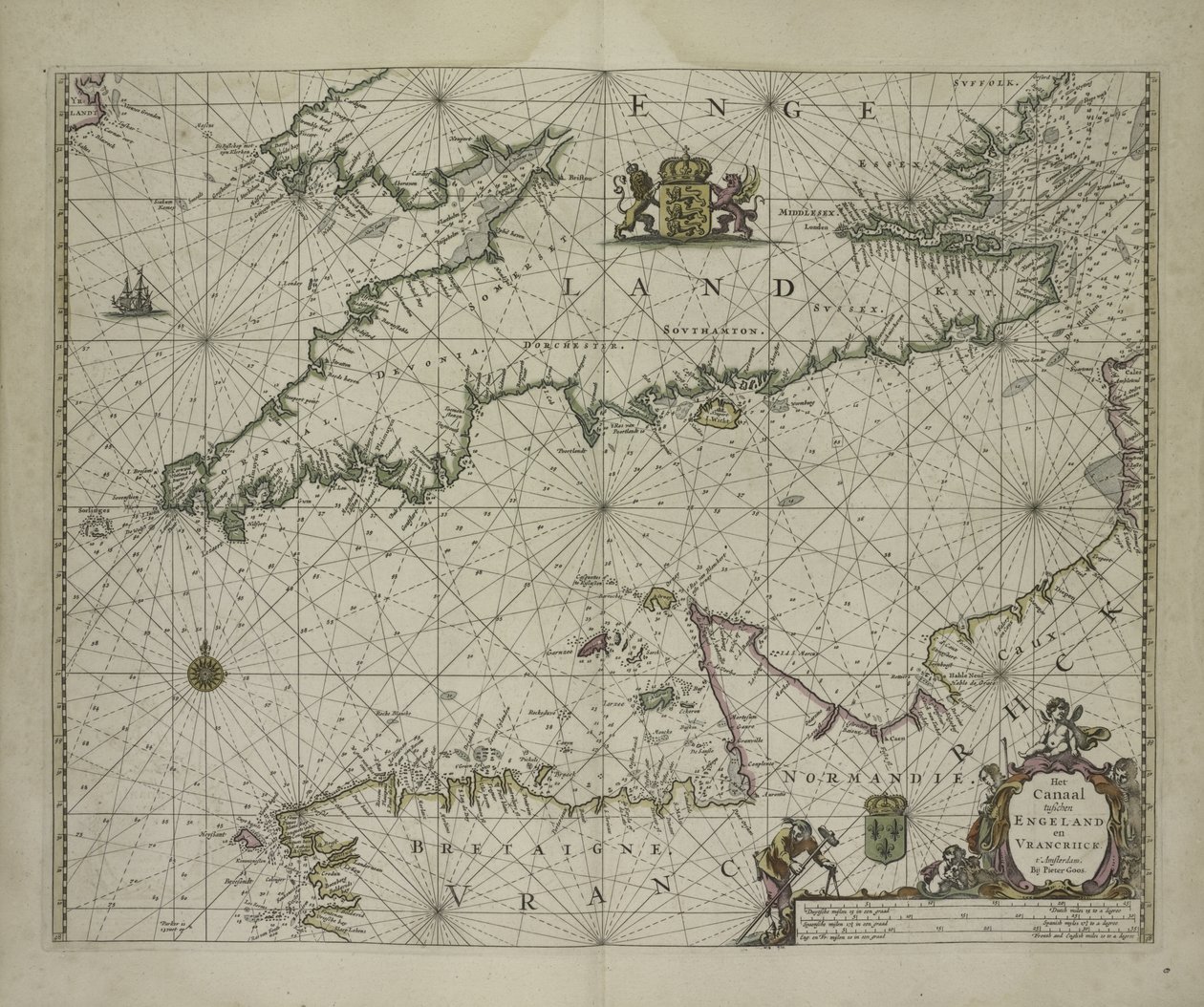 Antigo mapa do canal, 1666 (gravura de cor) de Pieter Goos