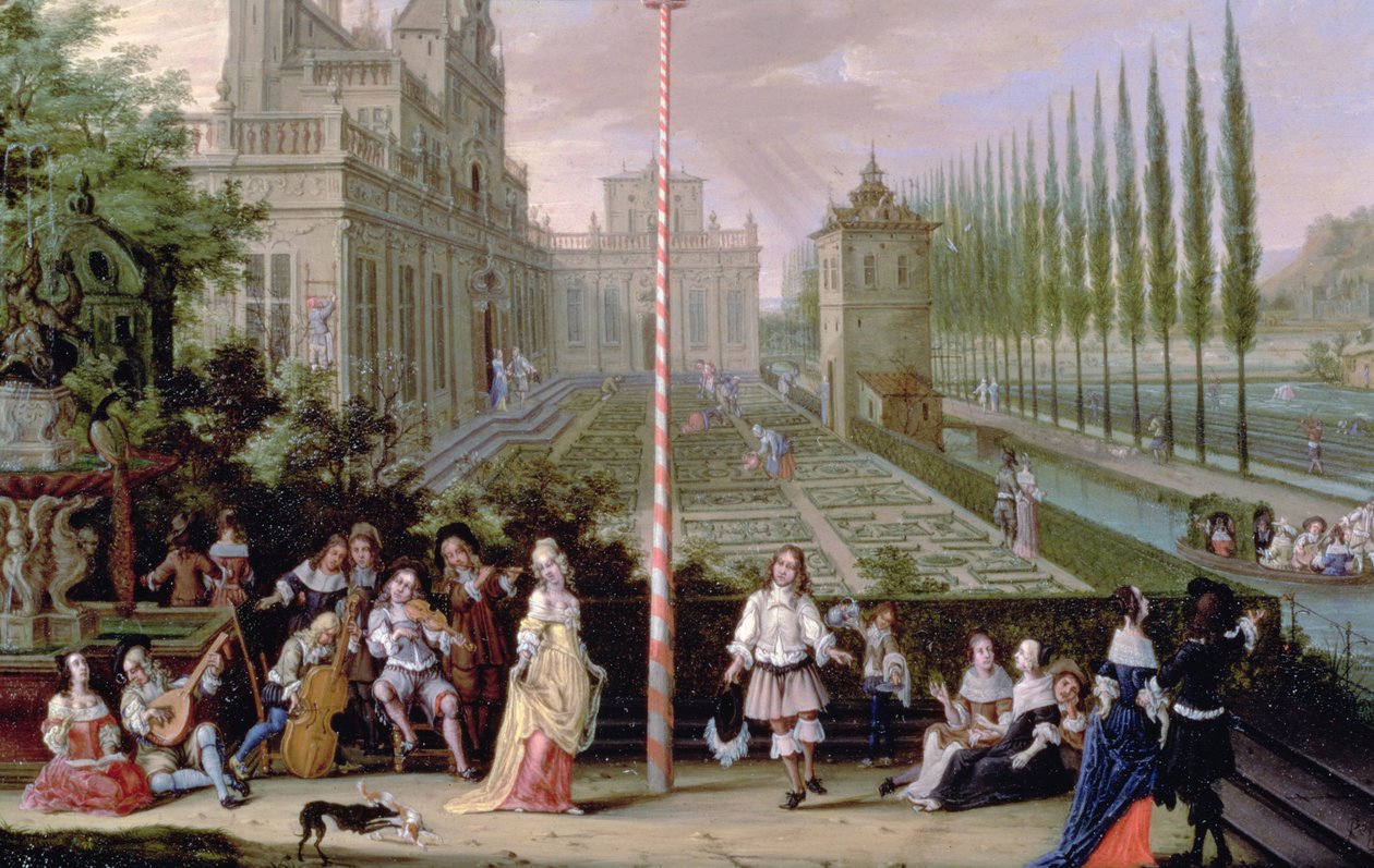 Detalhe, de, elegante, figuras, tocando, instrumentos musicais, ao redor, um, maypole, (oil on copper), (detail, de, 82407) de Peeter Gijsels