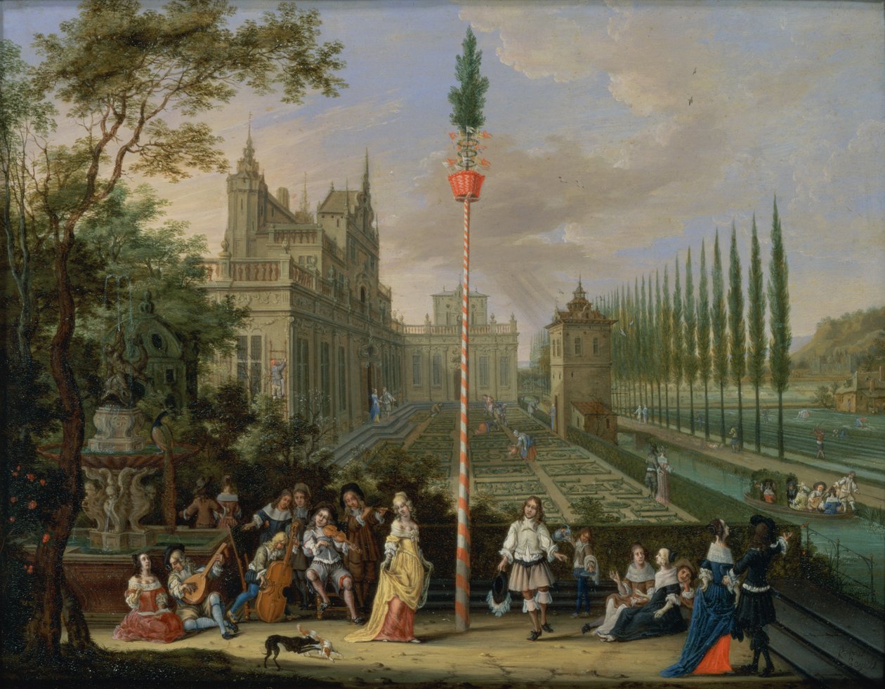 Figuras elegantes tocando instrumentos musicais em torno de um poste (óleo em cobre) (para detalhes ver 86499) de Peeter Gijsels