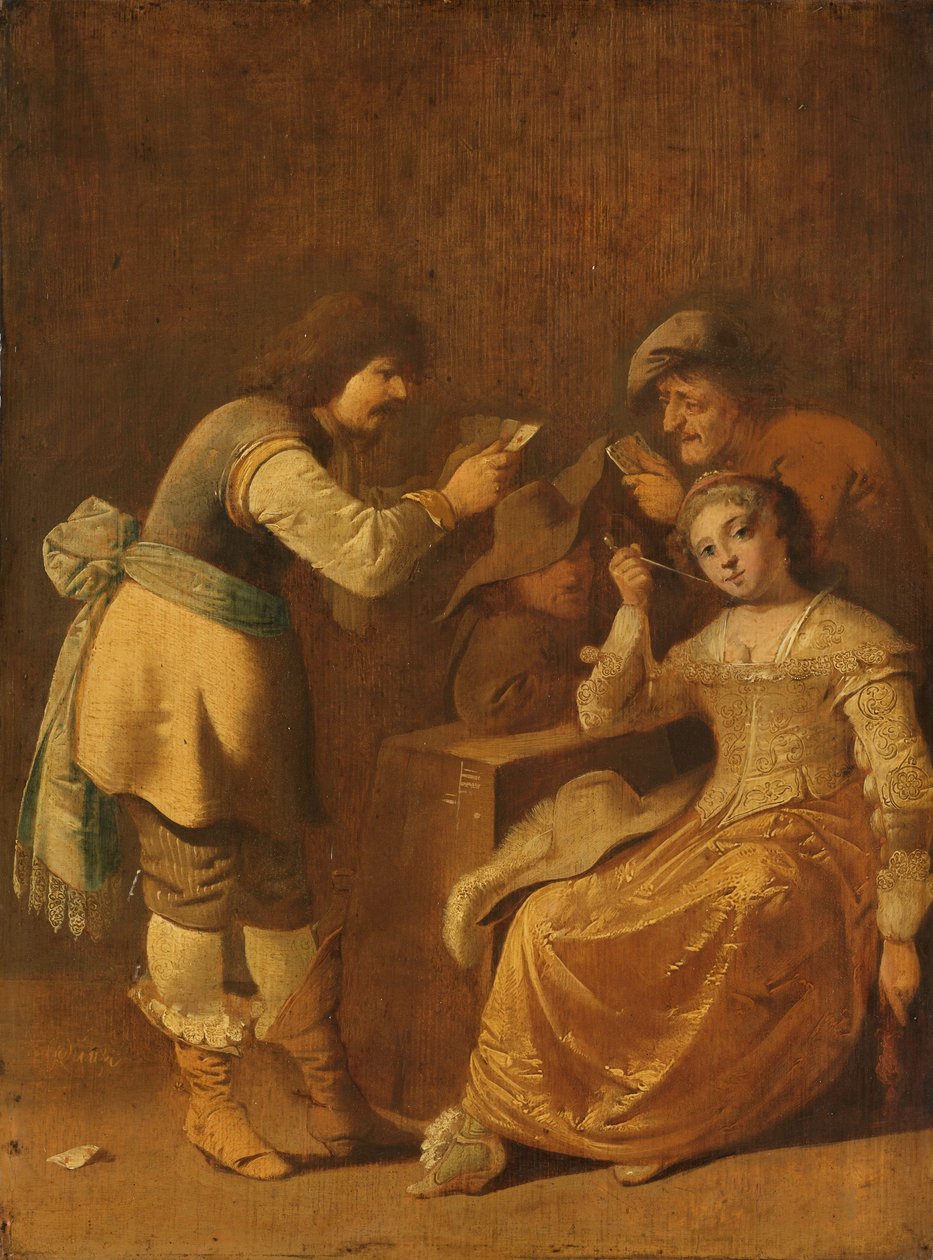 Jogadores de cartas com mulher fumando um cachimbo, 1630-47 de Pieter Jansz. Quast