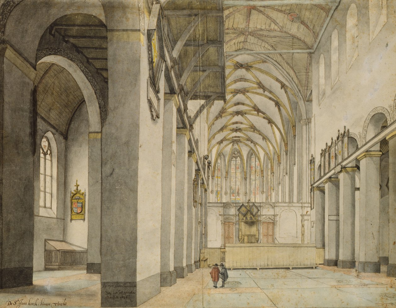 Vista interior, para o leste, de Johanneskirche, Utrecht, 15 de setembro de 1636 (caneta sobre lápis e aquarela sobre papel) de Pieter Janszoon Saenredam