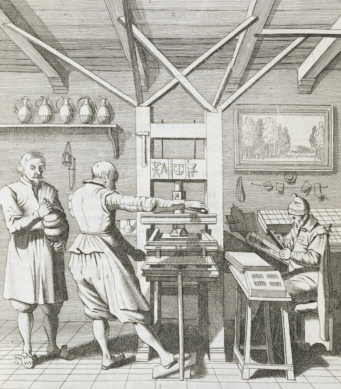 A encadernação de Laurens Janszoon Koster, gravada por J. van der Velde, publicada em &39;Laure-crans para Laurens Coster van Haelrem, Berste Vinder vande Boeck-druckery&39; por Petrus Scriverius, 1628 (gravado de Pieter Janszoon Saenredam