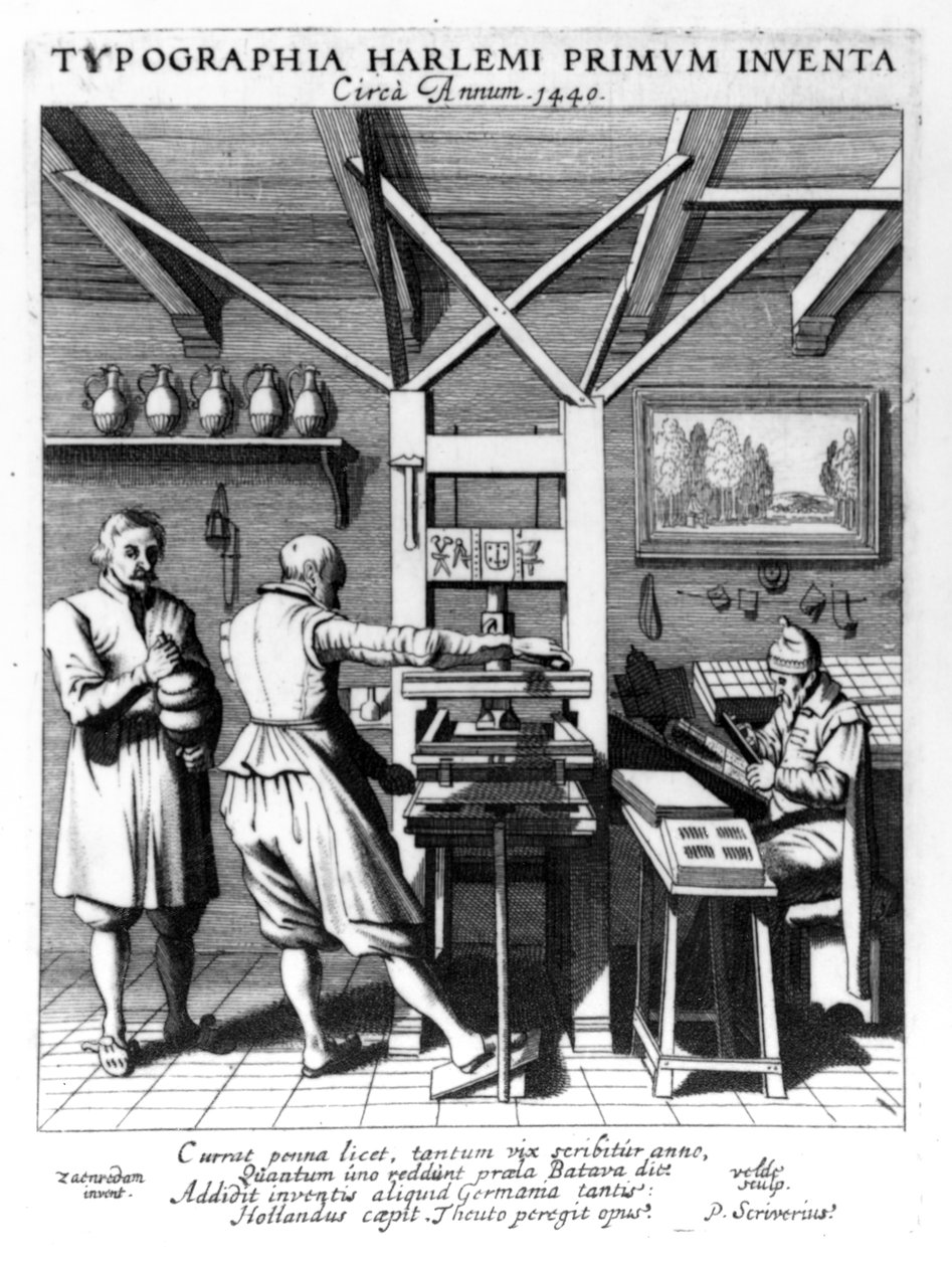 A encadernação de Laurens Janszoon Koster, gravada por J. van der Velde, publicada em &39;Laure-crans para Laurens Coster van Haelrem, Berste Vinder vande Boeck-druckery&39; por Petrus Scriverius, 1628 (gravado de Pieter Janszoon Saenredam