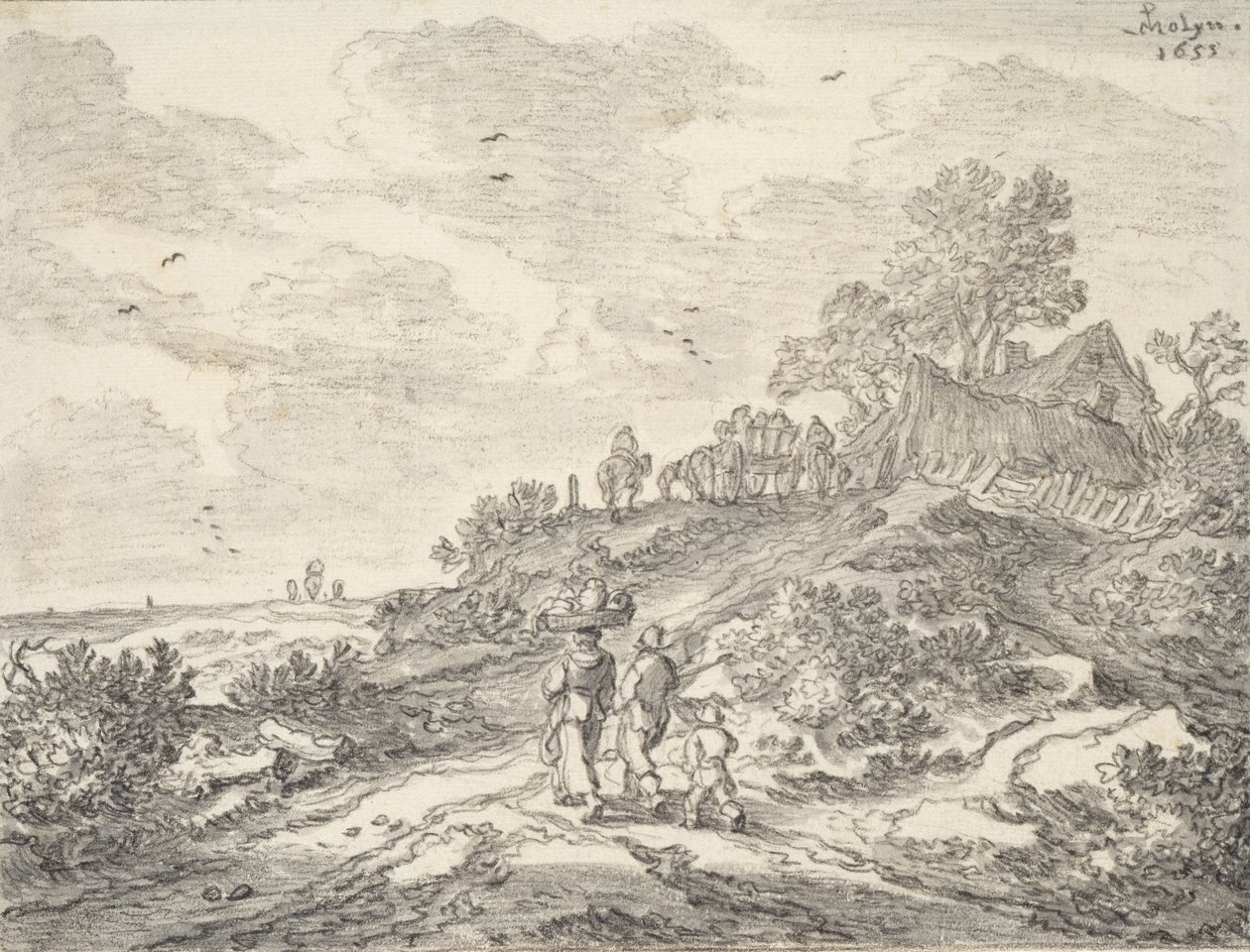Nas dunas fora de Haarlem, 1655 (giz no papel) de Pieter Molijn