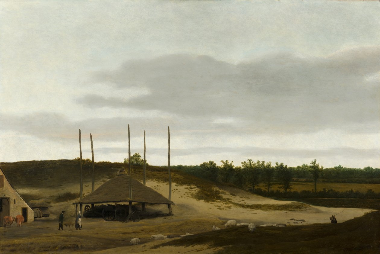 Paisagem de dunas com um pavilhão de feno de Pieter Post