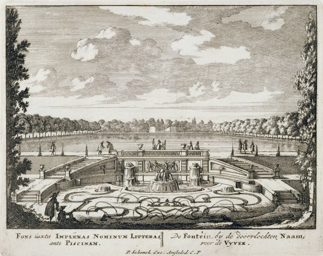 Fonte e jatos de água em um jardim formal holandês, de &39;Admirandorum Quadruplex Spectaculum&39;, de Jan van Call (1656-1703), publicado antes de 1715 de Pieter Schenk
