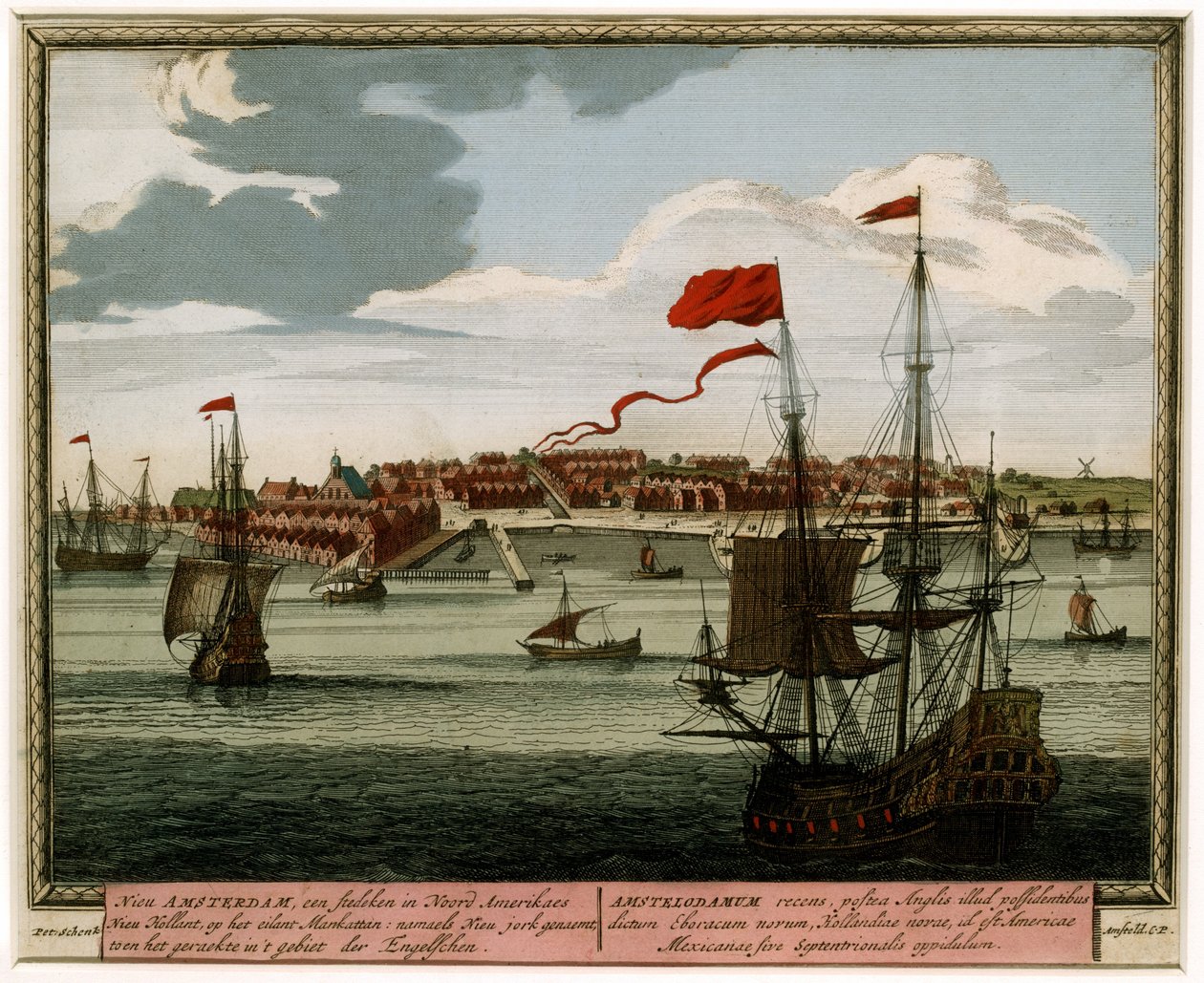 New Amsterdam from the Water, 1702 (gravura colorida à mão) de Pieter Schenk
