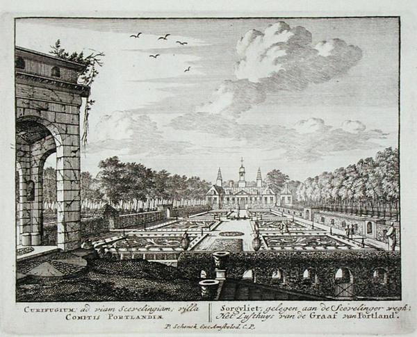 A casa e jardim em Sorgvliet, sede de Hans Willem Bentinck (1649-1709), 1º Conde de Portland, de Admirandorum Quadruplex Spectaculum, por Jan van Call (1656-1703), publicado antes de 1715 (gravado de Pieter Schenk