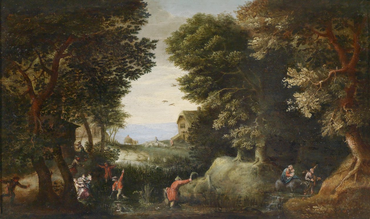 Paisagem arborizada com Latona, que transforma os camponeses da Lícia em rãs de Pieter Schoubroeck