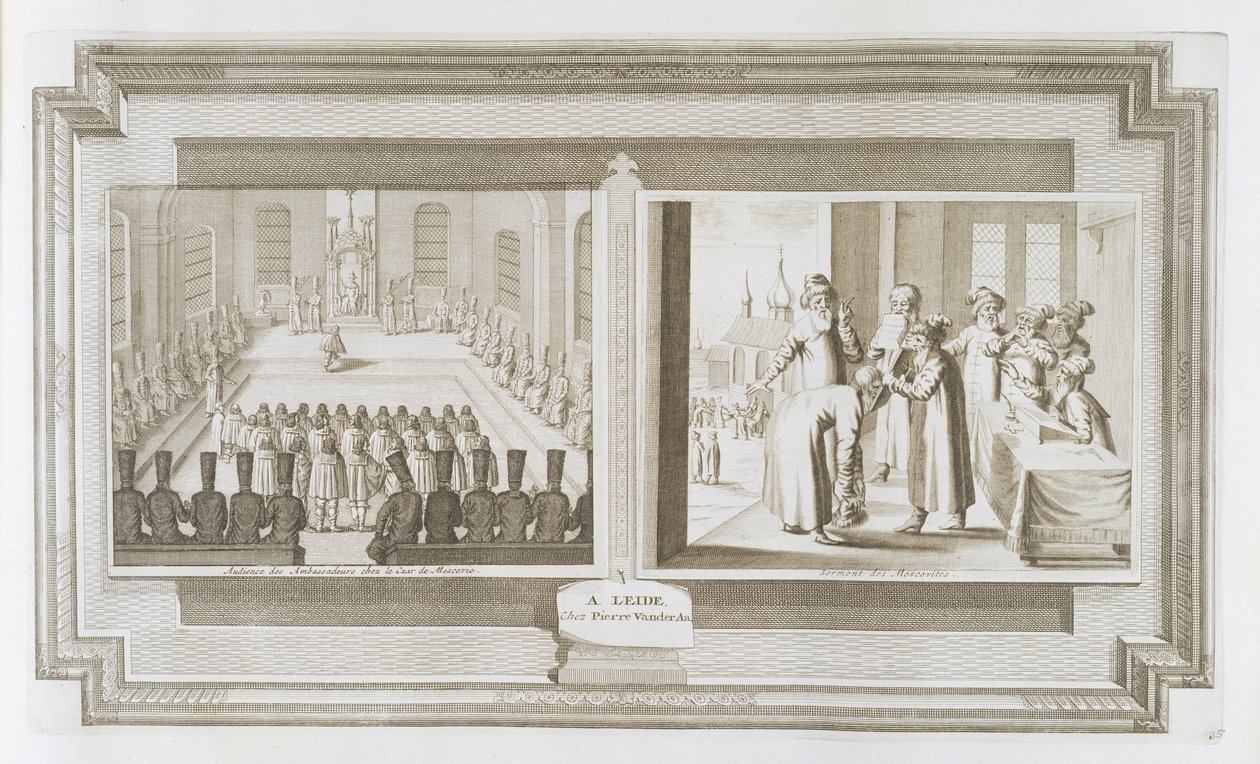 Cenas representando uma audiência de embaixadores com o Czar da Rússia e moscovitas declarando um juramento, de &39;La Galerie Agreable du Monde&39;, 1729 de Pieter Van der Aa