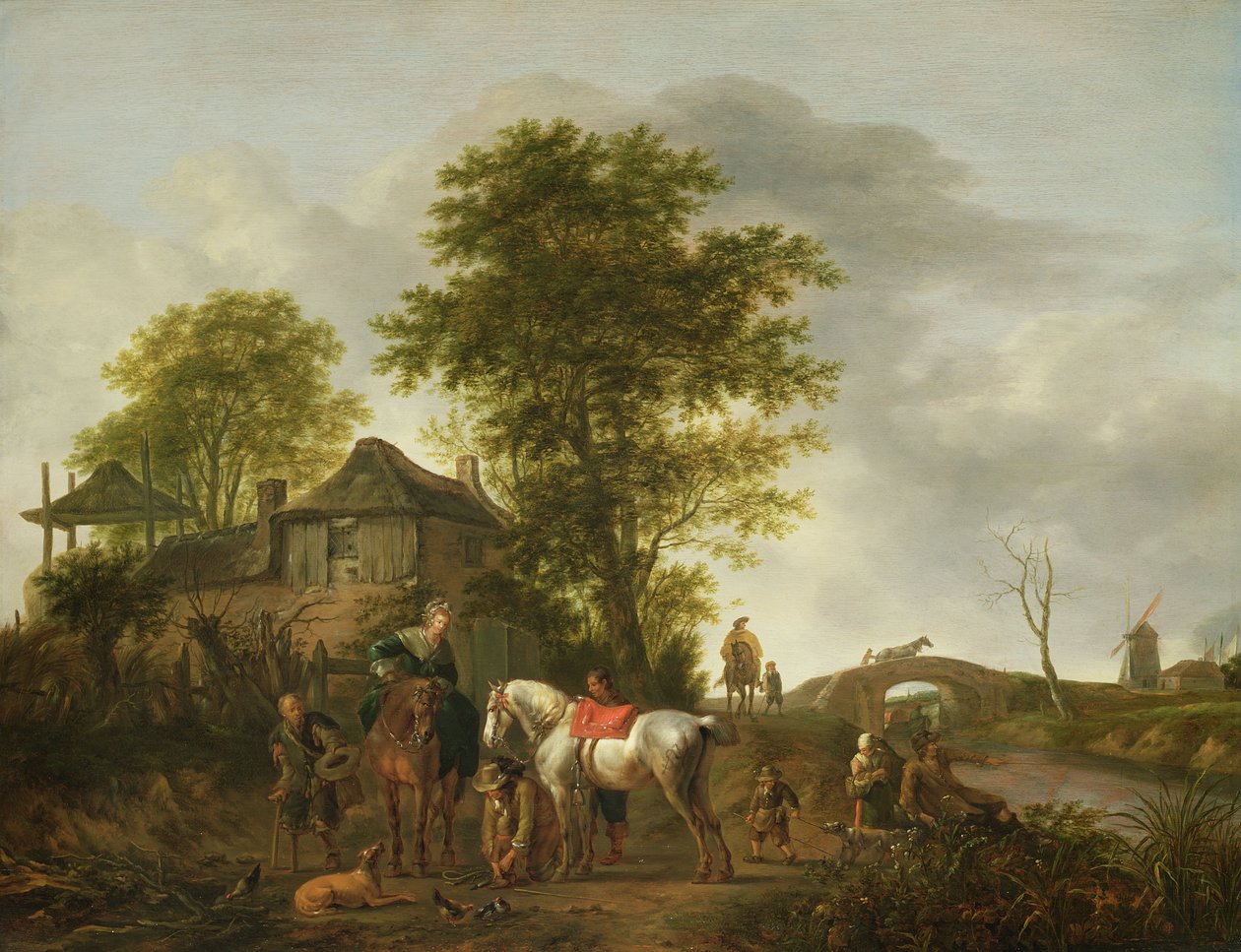 Uma paisagem com um chalé e cavaleiros de Pieter Wouwermans or Wouwerman