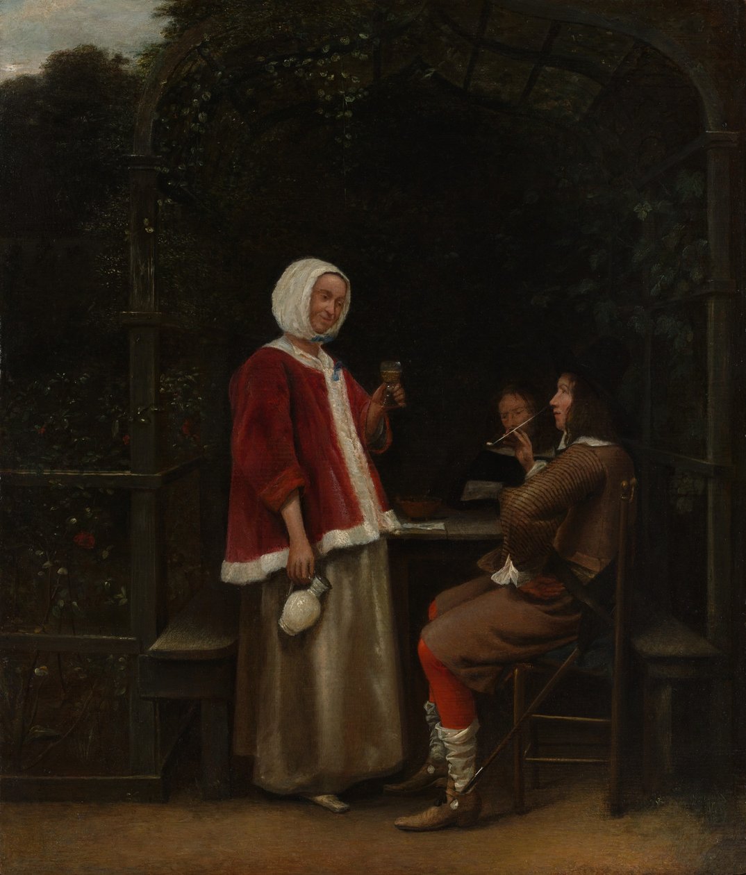 Uma mulher e dois homens em um caramanchão de Pieter de Hooch