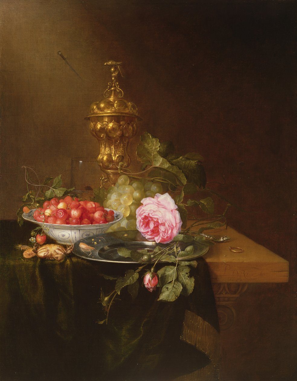 Ainda vida com uma tigela de morangos e uma rosa, 1652 de Pieter de Ring
