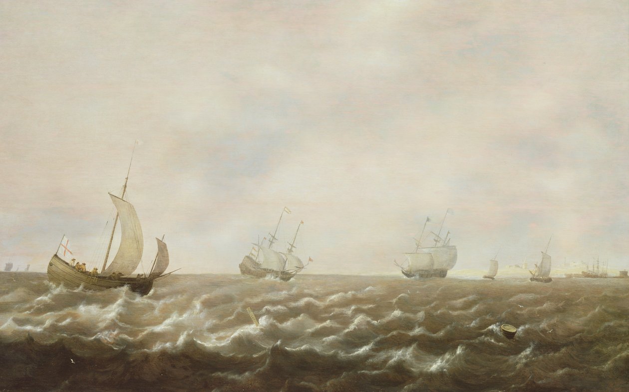 Holandeses men-o&39;-war e outros navios ao largo da costa, do século XVII de Pieter de Zeelander