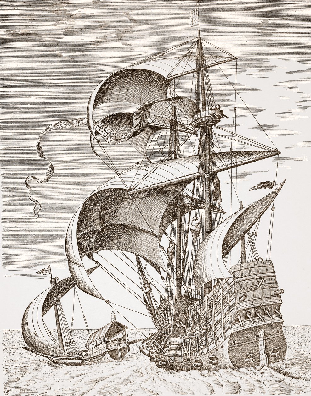3-mestre armado no mar aberto, acompanhado por uma galera de &39;The Sailing Vessels&39;, gravada por Frans Huys (1522-1562), publicada por Hieronymus Cock, Antuérpia, c.1560-65 de Pieter Bruegel the Elder