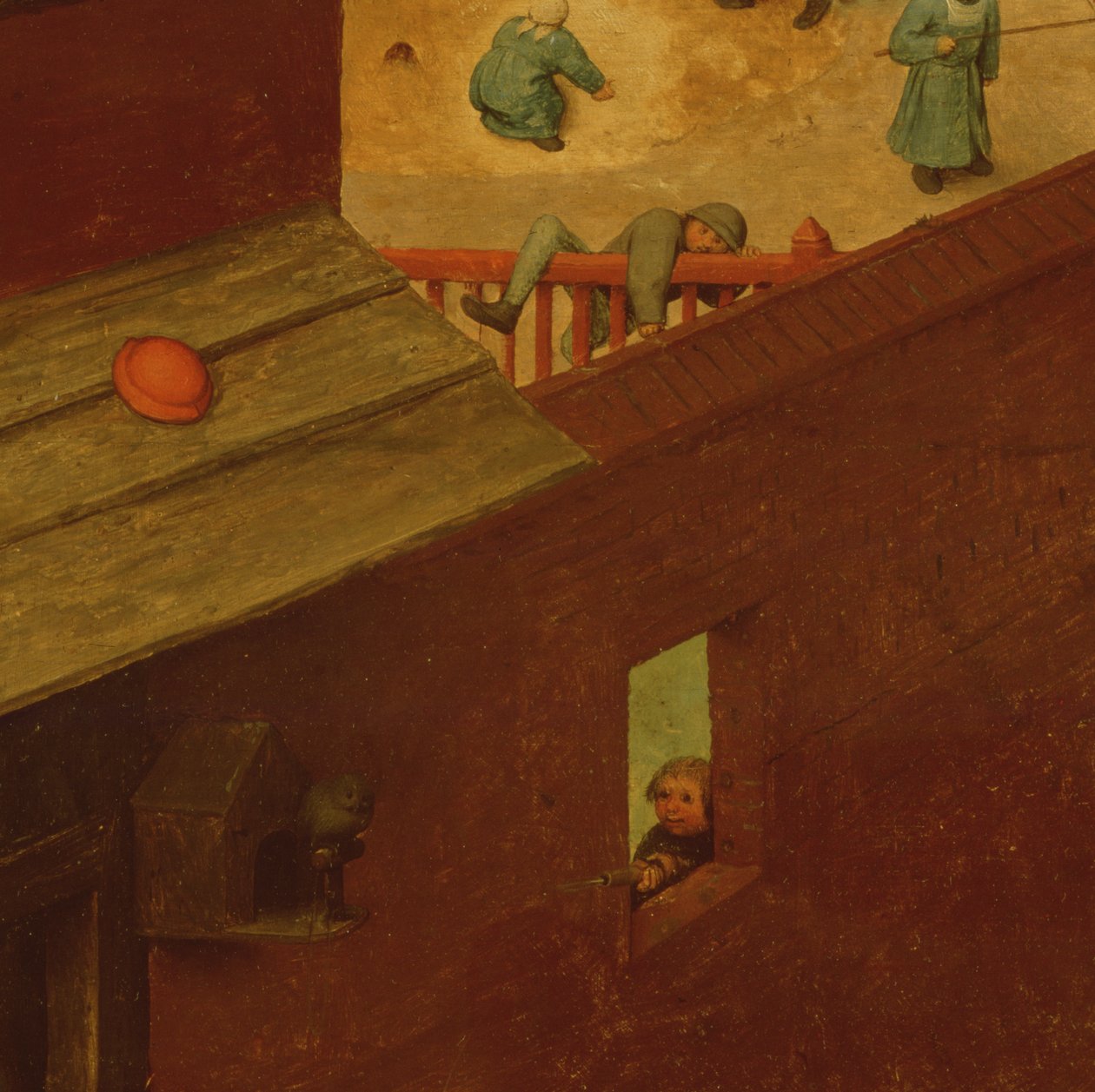 Jogos para crianças, detalhes da seção da mão esquerda mostrando uma criança subindo em cima de uma cerca e outra atirando em um pássaro, 1560 de Pieter Bruegel the Elder