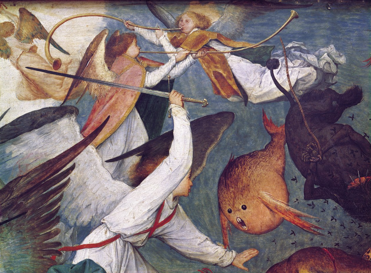 A queda dos anjos rebeldes, detalhe de anjos lutando e tocando óleo de música no painel de Pieter Bruegel the Elder