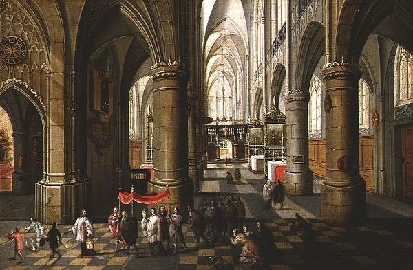 O interior de uma catedral com uma procissão de Pieter the Younger Neeffs