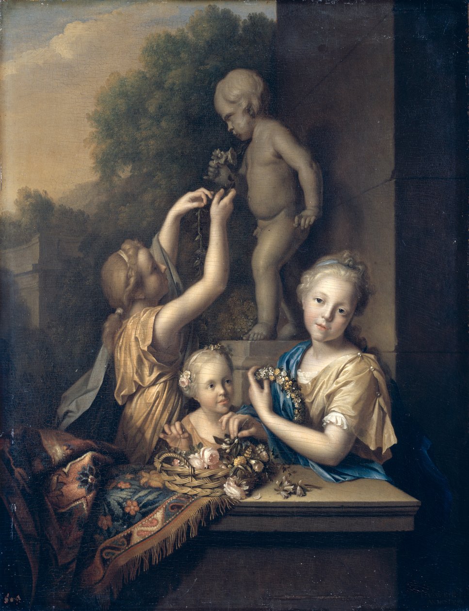 Três meninas sacrificam flores para o amor, 1710 de Pieter van der Werff
