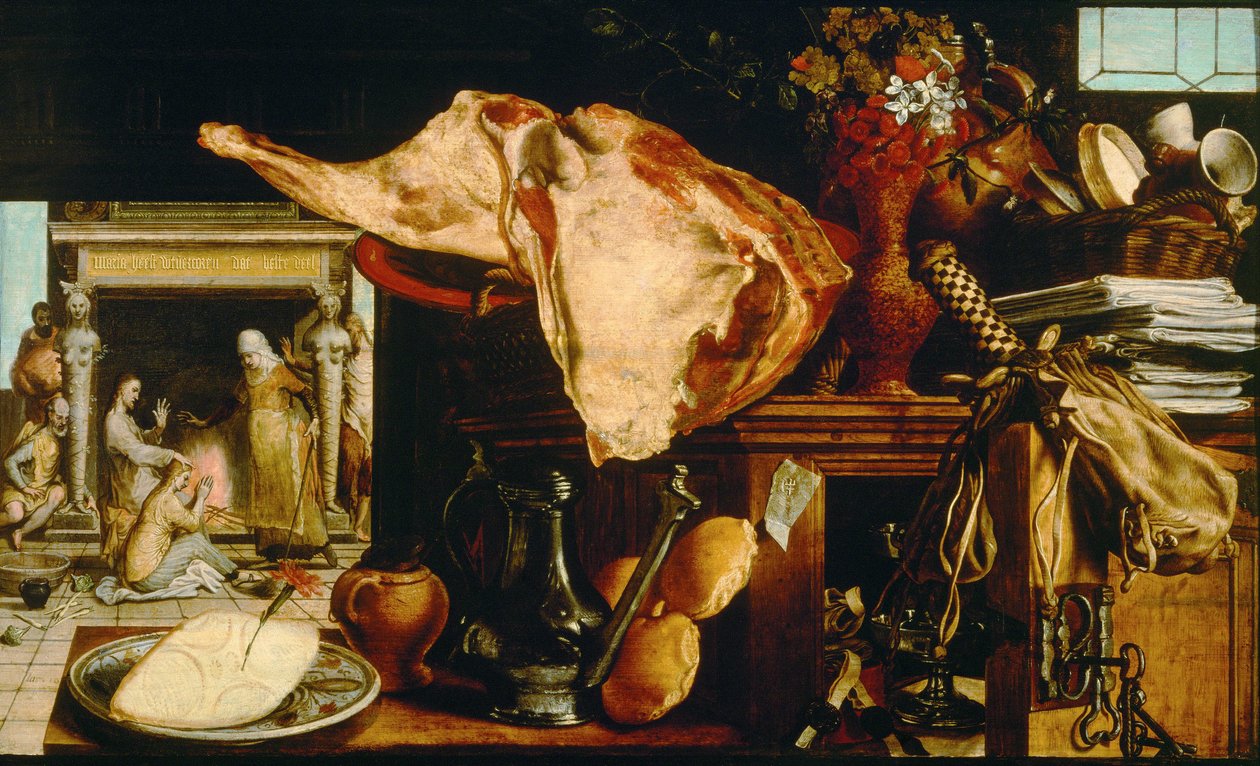 "Vanitas et Christ chez Marthe et Marie" (Vaidade Natureza Morta (Cristo na Casa de Martha e Maria) Peinture de Pieter Aertsen (1508-1575) - 1552 - Óleo sobre madeira Dim 61,5x101 cm Museu de História da Arte, Vienne de Pieter Aertsen
