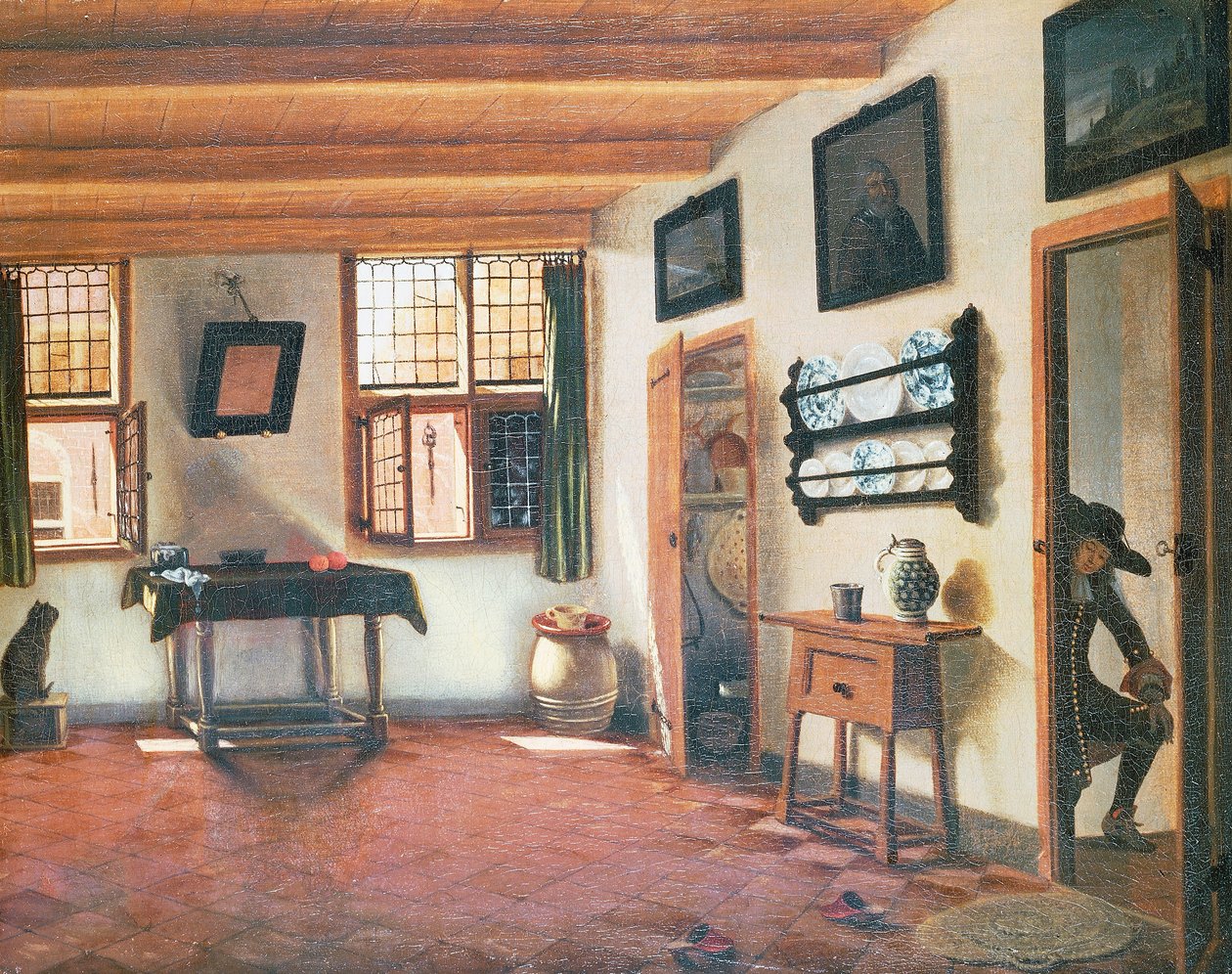 Interior da casa holandesa, ca 1670, pintura de Pieter Janssens Elinga (1623-1683), 48x60 cm de Pieter Janssens
