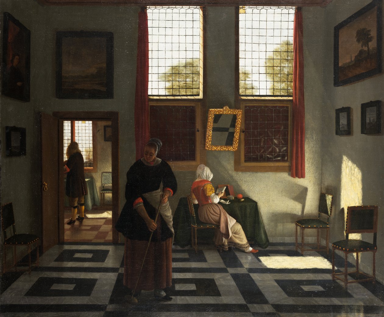 Interior com pintor, mulher a ler e criada a varrer, c.1665-70 (óleo sobre tela) de Pieter (1623 82) Janssens
