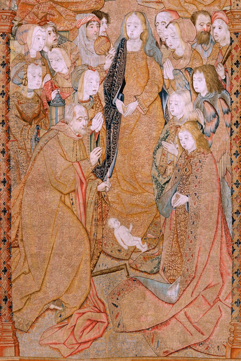 tapeçaria flamenga. Série Triunfos da Mãe ou Paños de Oro. Nascimento de Cristo (Nacimiento de Cristo). Terceira tapeçaria da série. Modelo Colin de Cooter (?). Fabricação Pieter van Aelst (ou van Edingen), Bruxelas. Ca 1500-1502. Tecido Ouro, prata, sil de Pieter (attr. to) Coecke van Aelst
