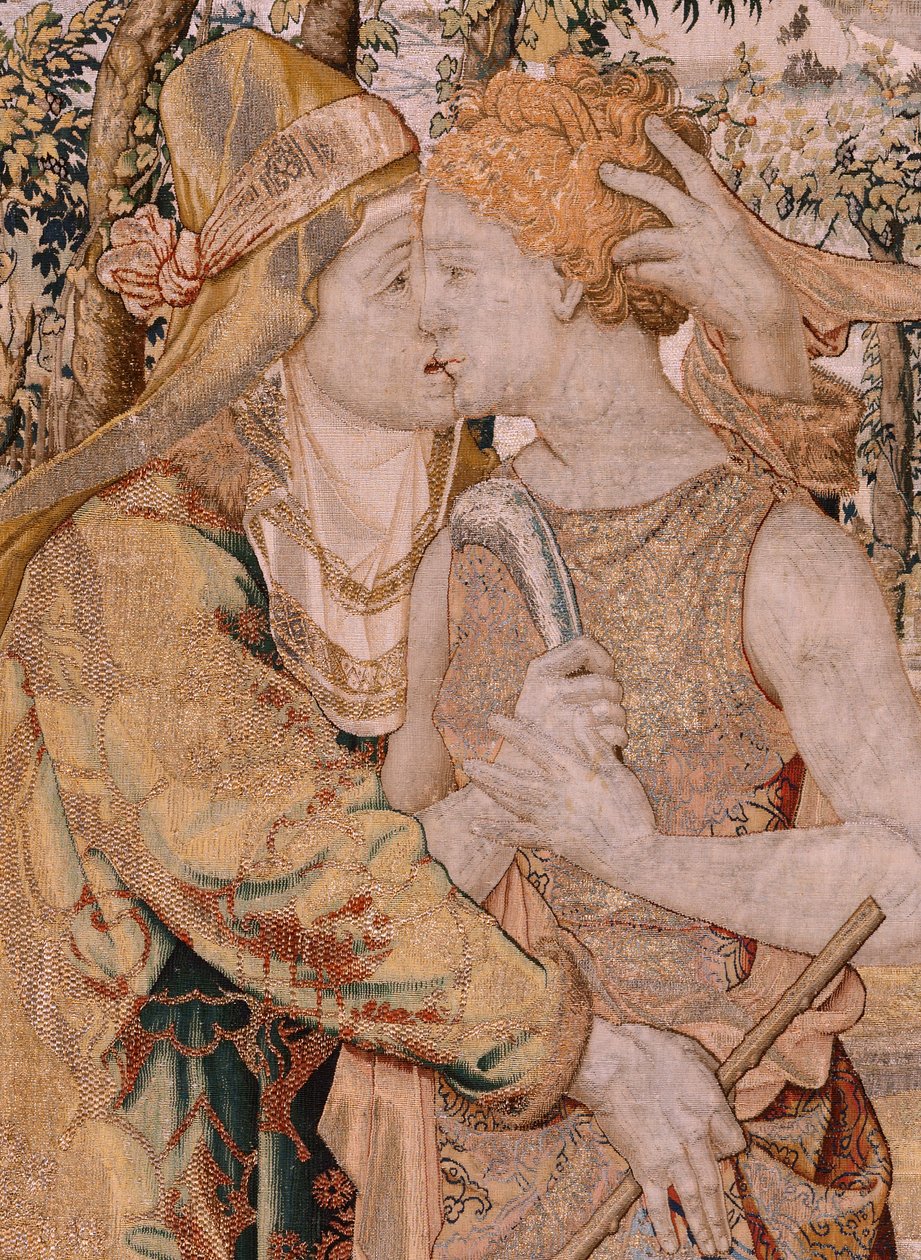 tapeçaria flamenga. Série Vertumnus e Pomona. Vertumnus beija Pomona. Sétima tapeçaria da série. Círculo Modelo de Pieter Coecke van Aelst. Manufatura Wilhelm Pannemaker, Bruxelas. Ca 1545-1550. Tecido Ouro, prata, seda e lã. Tamanho 430 x 365 cm. de Pieter (circle of) Coecke van Aelst