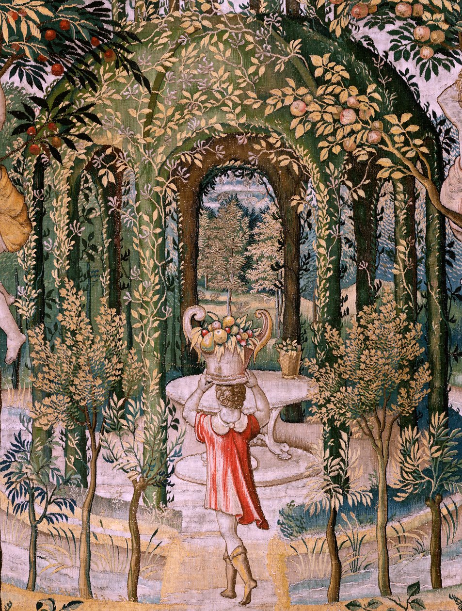 Tapeçaria flamenga. Série Vertumnus e Pomona; Vertumno transformado em jardineiro (Vertumno transformado em jardineiro). Quinta tapeçaria da série. Modelo Círculo de Pieter Coecke Van Aelst e Léonard Thiry. Fabrico Oficina desconhecida, Bruxelas, antes de Pieter (circle of) Coecke van Aelst