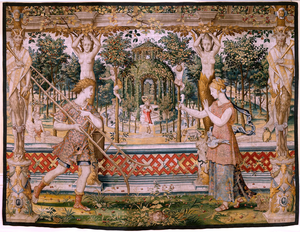 Tapeçaria flamenga. Série Vertumnus e Pomona; Vertumno transformado em jardineiro (Vertumno transformado em jardineiro). Quinta tapeçaria da série. Modelo Círculo de Pieter Coecke Van Aelst e Léonard Thiry. Fabrico Oficina desconhecida, Bruxelas, antes de Pieter (circle of) Coecke van Aelst