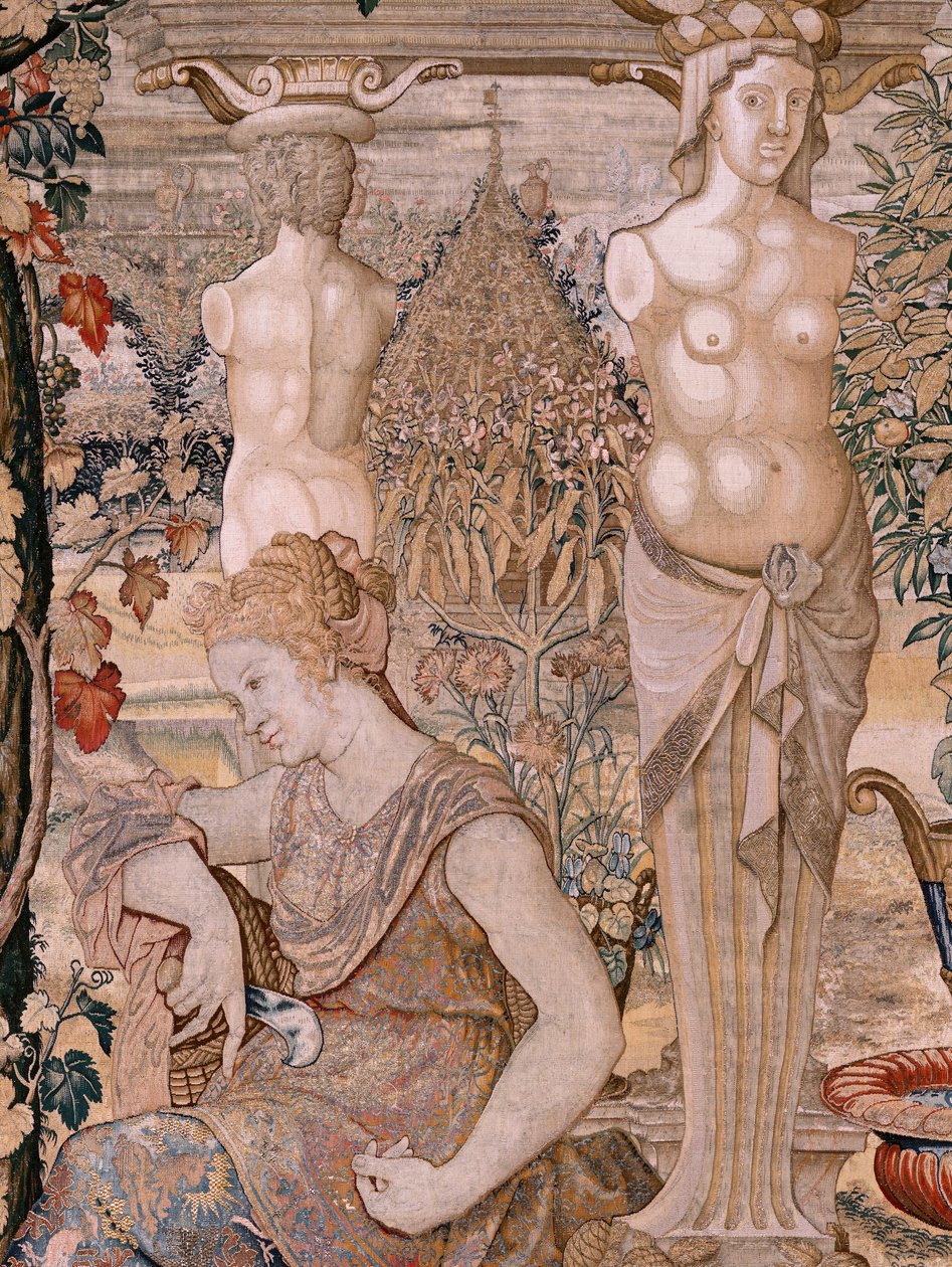 Tapeçaria flamenga. Série Vertumnus e Pomona. Vertumnus transformada numa mulher velha. Vertumnus transformado numa mulher idosa. Sexta tapeçaria da série. Modelo Círculo de Pieter Coecke van Aelst. Fabricação de Wilhelm Pannemaker, Bruxelas. Ca 1545-1550. de Pieter (circle of) Coecke van Aelst