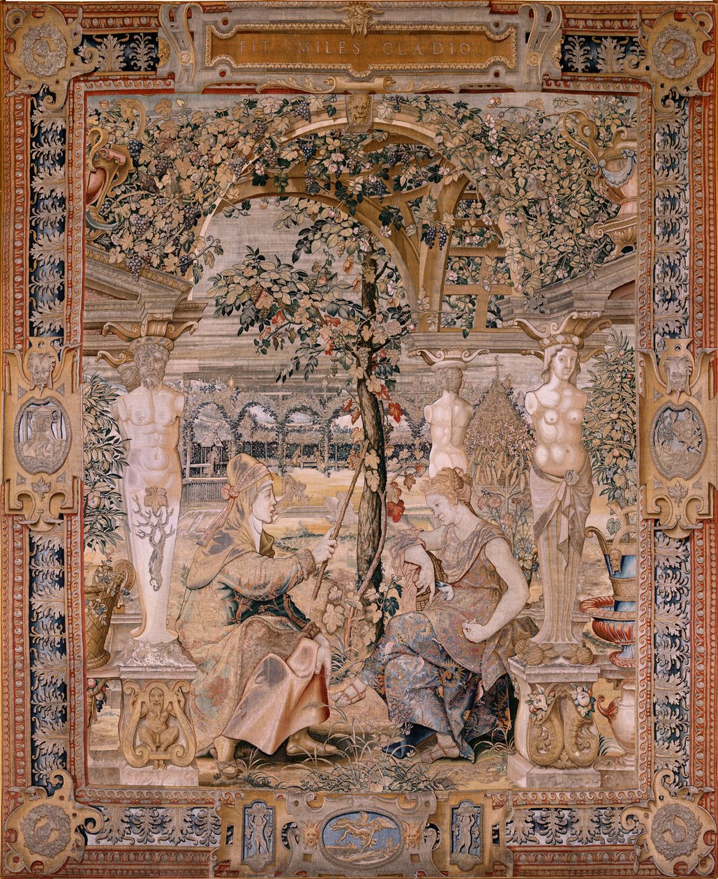 Tapeçaria flamenga. Série Vertumnus e Pomona. Vertumnus transformada numa mulher velha. Vertumnus transformado numa mulher idosa. Sexta tapeçaria da série. Modelo Círculo de Pieter Coecke van Aelst. Fabricação de Wilhelm Pannemaker, Bruxelas. Ca1545-1550.  de Pieter (circle of) Coecke van Aelst