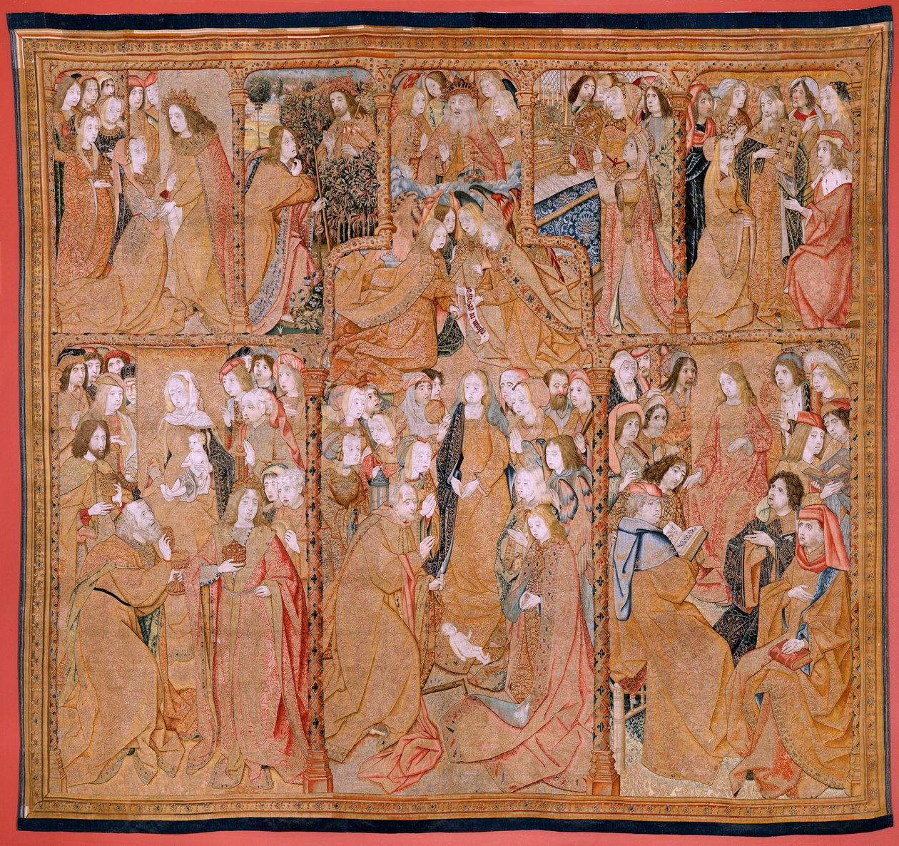 tapeçaria flamenga. Série Triunfos da Mãe ou Paños de Oro. Nascimento de Cristo (Nacimiento de Cristo). Terceira tapeçaria da série. Modelo Colin de Cooter (?). Fabricação Pieter van Aelst (ou van Edingen), Bruxelas. Ca 1500-1502. Tecido Ouro, prata, sil de Pieter (studio of) Coecke van Aelst
