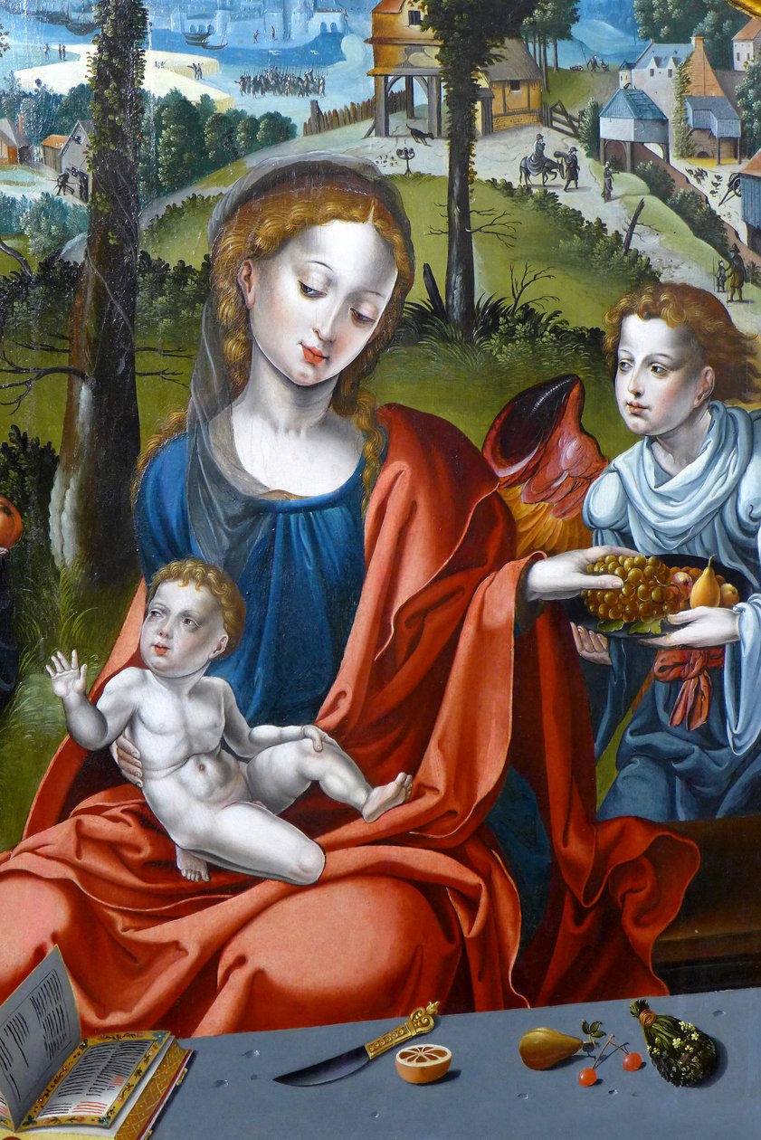 Maria, o menino Jesus e um anjo. Detalhe do tríptico da Sagrada Família de Pieter (studio of) Coecke van Aelst