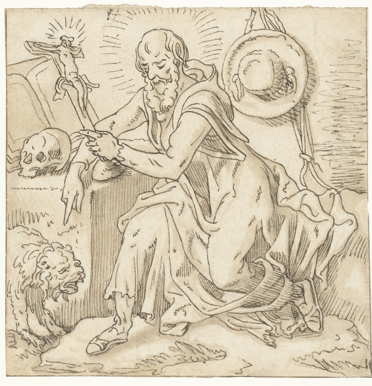 São Jerónimo sentado perto de um crucifixo, livro e crânio de Pieter Aertsen (workshop of)