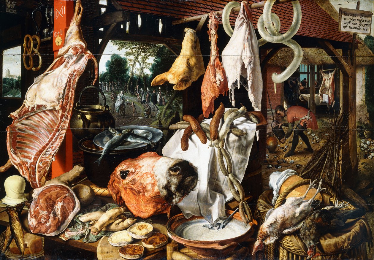 Os açougueiros param com a Sagrada Família na fuga para o Egito, 1551 de Pieter Aertsen
